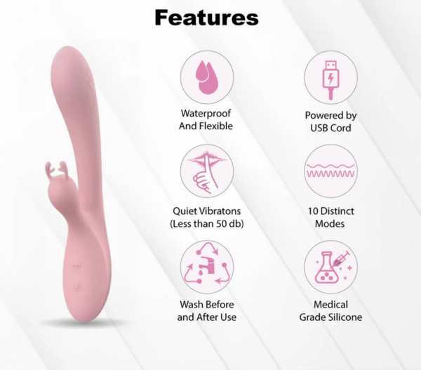 Pink Silicone USB Rabbit Ear Vibrator for Women - Image 4